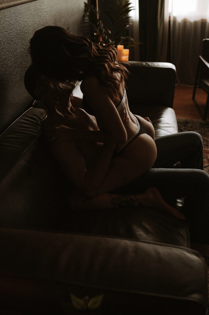 Emotional Safety vs Sexual Tension: couple leaning into each other for a kiss, creating a moment of closeness and emotional presence