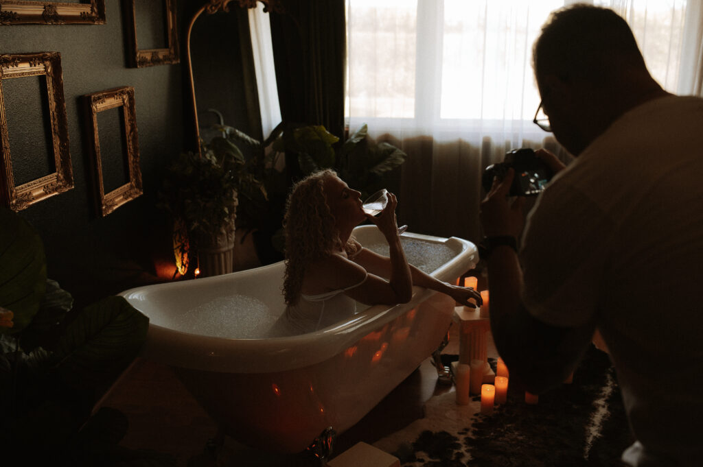 luxury boudoir studio experience in Minneapolis showing professional photography environment and styling